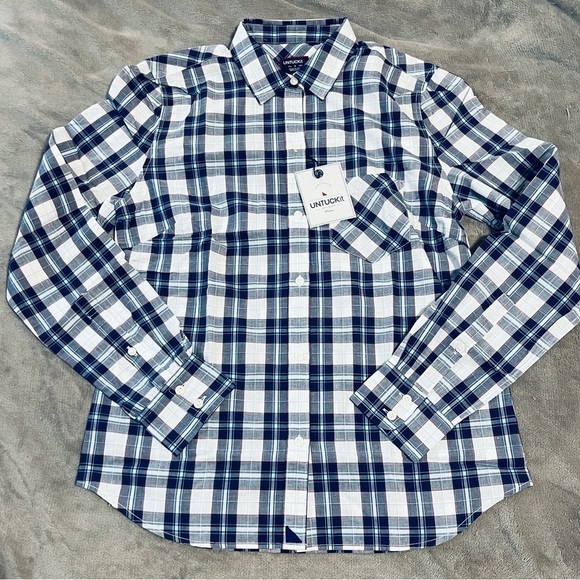 UNTUCKit Tops - NWT UNTUCKit Size 0 Navy Blue White Plaid Women Long Sleeve Button Up Causal